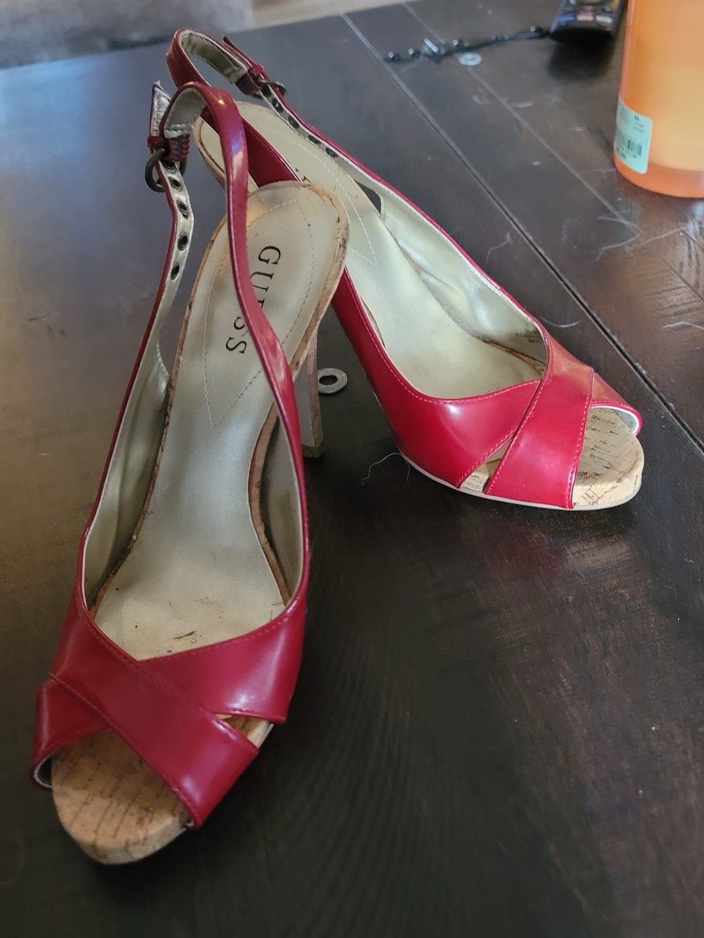 Guess Red Cork Peep-Toe Slingback Heels